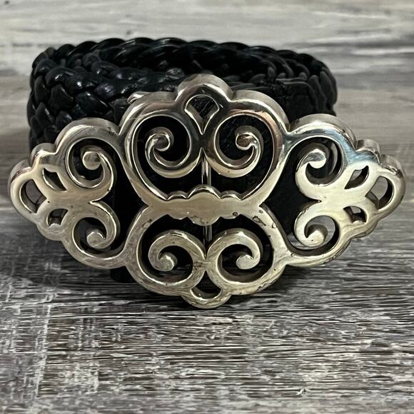 Brighton Braided Black Leather Belt Silver Scroll Buckle Size 32 - Picture 7 of 9